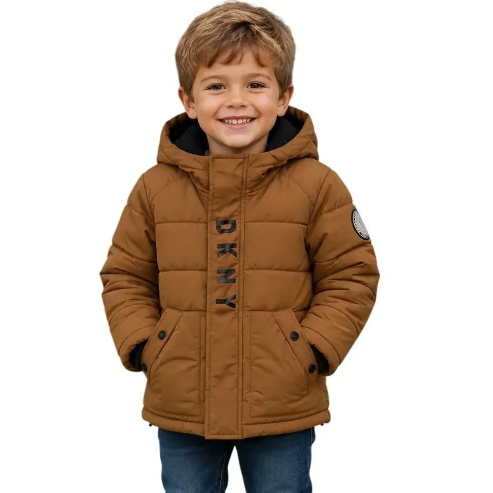 DKNY Puffer Coat Boys Size 4 Mustard Brown Hooded Quilted Outdoor Winter Gorp
